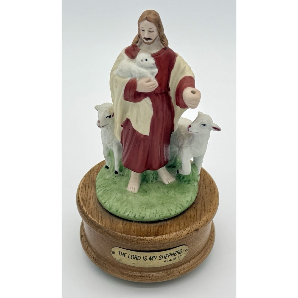 The Lord is My Shepherd Jesus Lambs Porcelain Music Box Vintage Palms